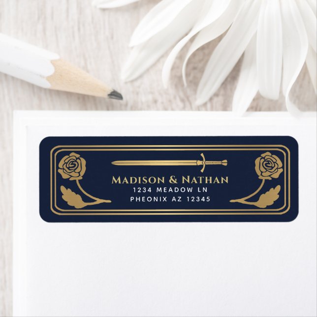 Gold Blue Mediaeval Fantasy Sword Wedding Label (Insitu)