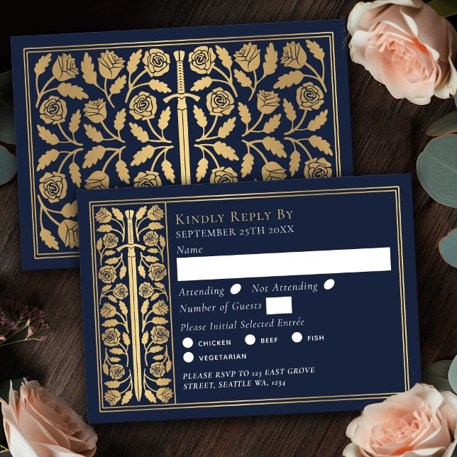 Gold Blue Mediaeval Sword Wedding RSVP Card (Creator Uploaded)