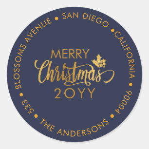 Gold & Blue Merry Christmas Custom Return Address Classic Round Sticker