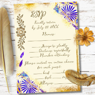 Gold & Blue Mexican Baroque Hummingbird Weddding RSVP Card