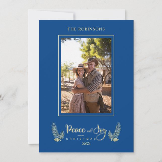 Gold Blue Minimalist Chic Christmas Photo Family (Front)