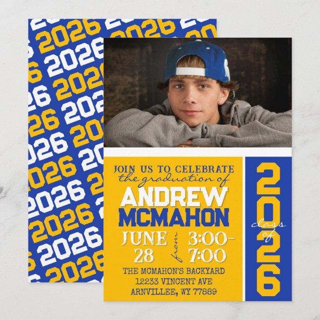 Gold & Blue Modern Graduation Photo Invitation (Front/Back)
