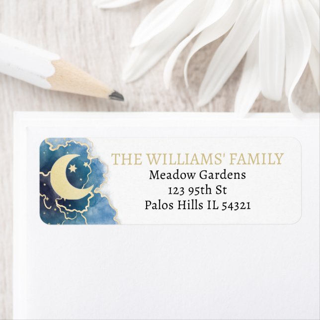 Gold blue moon baby shower return address labels (Insitu)