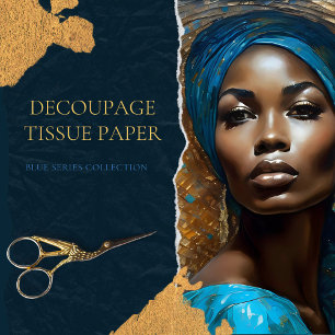 Gold Blue Mosaic African American Woman Decoupage  Tissue Paper