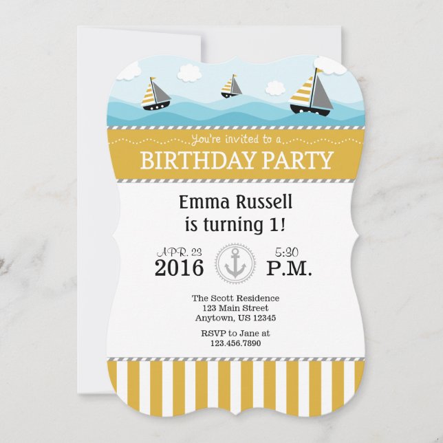 Gold Blue Nautical Birthday Invitation (Front)