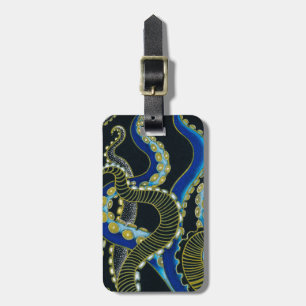 Gold Blue Octopus Tentacles Grey Black Art Luggage Tag