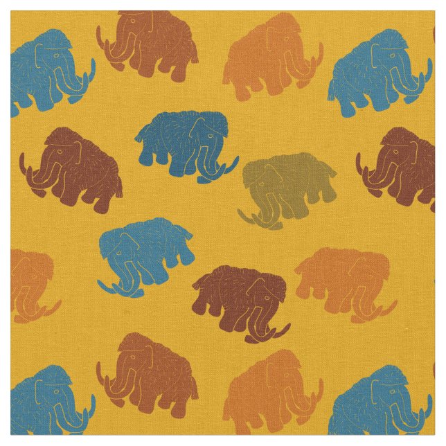 Gold, Blue, Orange Woolly Mammoths Patterned Fabric (Close Up)