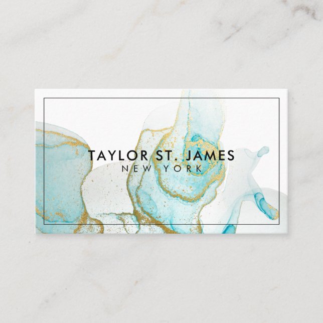 Gold Blue Painting Splatter Watercolor Business Card (Front)