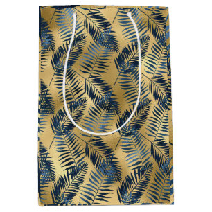 Gold Blue Palm Leaf Wrapping Paper  Medium Gift Bag