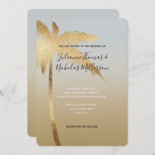 Gold Blue Palm Tree Ombre Wedding Invitation