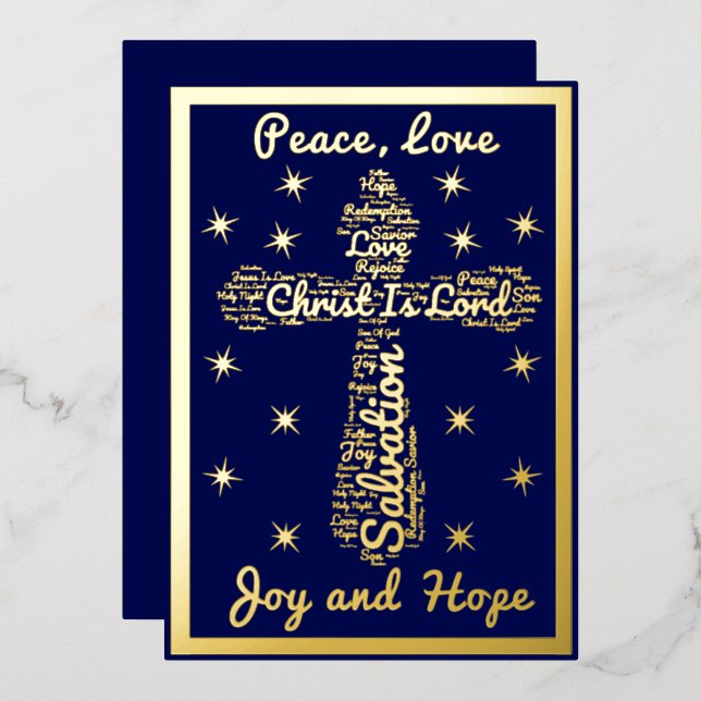 Gold Blue Peace Love Joy Hope Cross Christmas Foil Holiday Card (Front/Back)