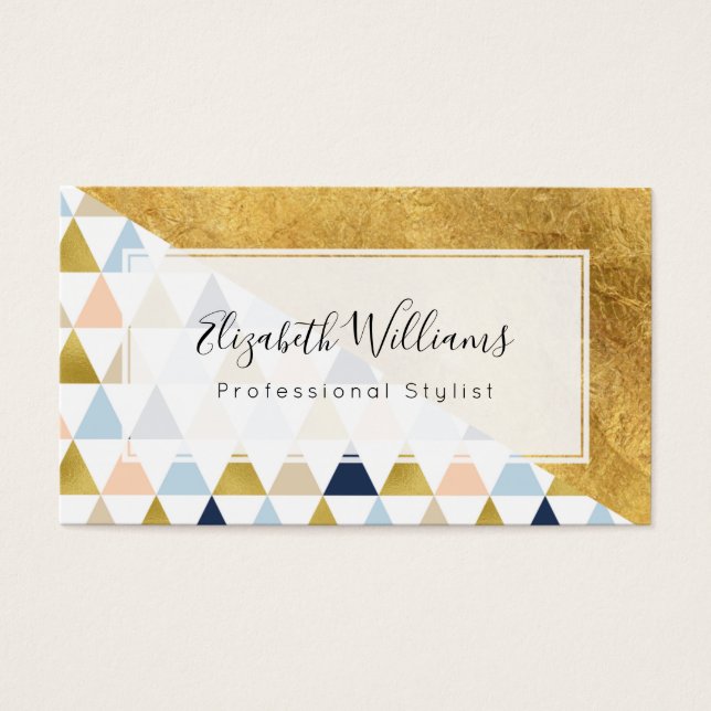 Gold Blue Peach Triangles Stylist Business Cards (Front)