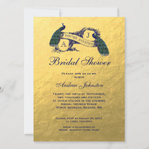 Gold Blue Peacock Bridal Shower Invitation