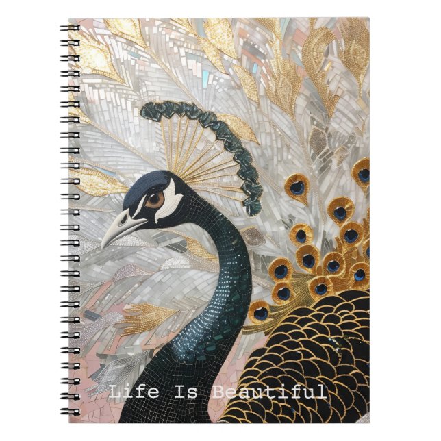 Gold Blue Peacock Feathers Notebook (Front)