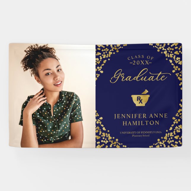 Gold Blue Pharmacy School Graduation Photo Banner (Horizontal)