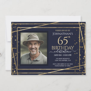 Gold Blue Photo 65th Birthday Party  Invitation