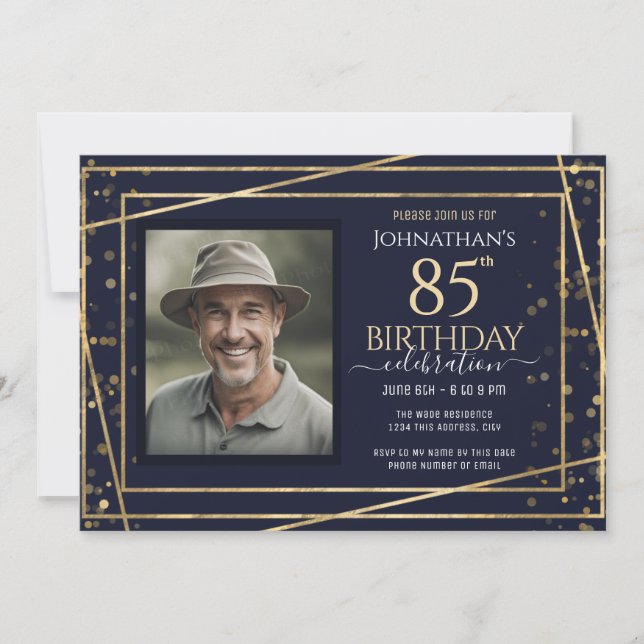 Gold Blue Photo 85th Birthday Party  Invitation (Front)