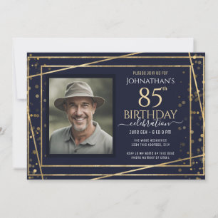 Gold Blue Photo 85th Birthday Party Invitation