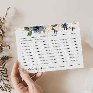Gold Blue Pink Floral Bridal Shower Recipe Card