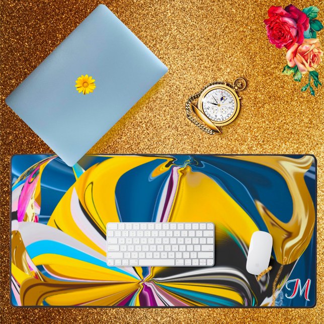 Gold Blue Pink Flower Monogram Liquified Abstract  Desk Mat (Creator Uploaded)