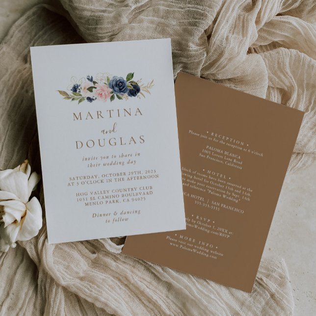 Gold Blue Pink Flowers Back & Front Wedding  Invitation (Creator Uploaded)