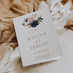 Gold Blue Pink Flowers Folded Wedding  Programme