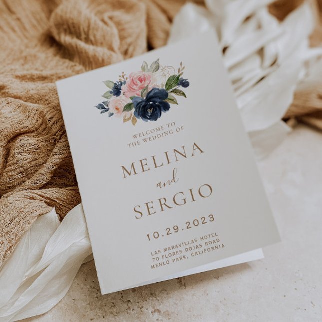 Gold Blue Pink Flowers Folded Wedding  Programme (Creator Uploaded)