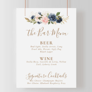 Gold Blue Pink Flowers Wedding Bar Menu Poster