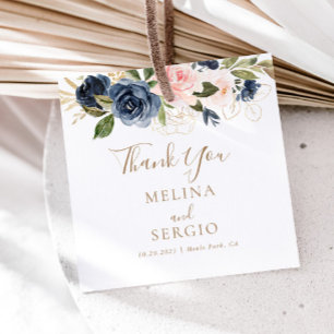 Gold Blue Pink Flowers Wedding Thank You Favour Tags