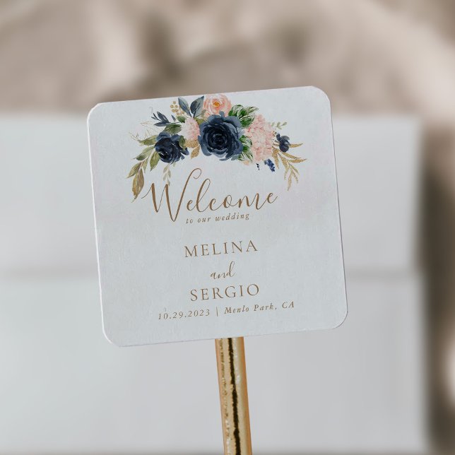 Gold Blue Pink Flowers Wedding Welcome  Square Sticker (Creator Uploaded)