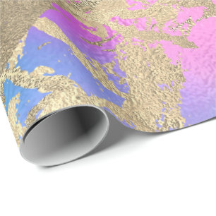 Gold Blue Pink Ombre Marble Shiny Metallic Strokes Wrapping Paper