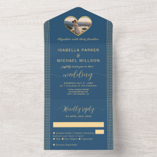 Gold & Blue Polka Dot Personalised wedding All In One Invitation