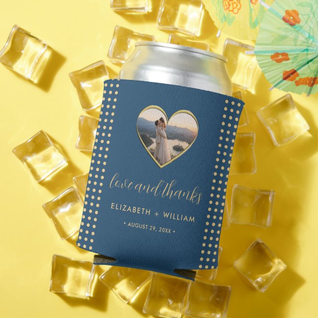 Gold & Blue Polka Dot Personalised wedding Can Cooler (In Situ Summer)