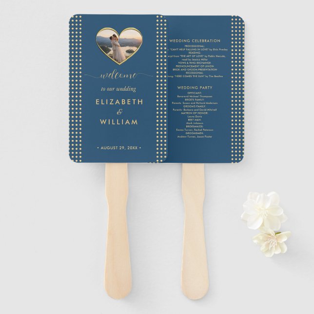 Gold & Blue Polka Dot Personalised wedding Hand Fan (Front and Back)