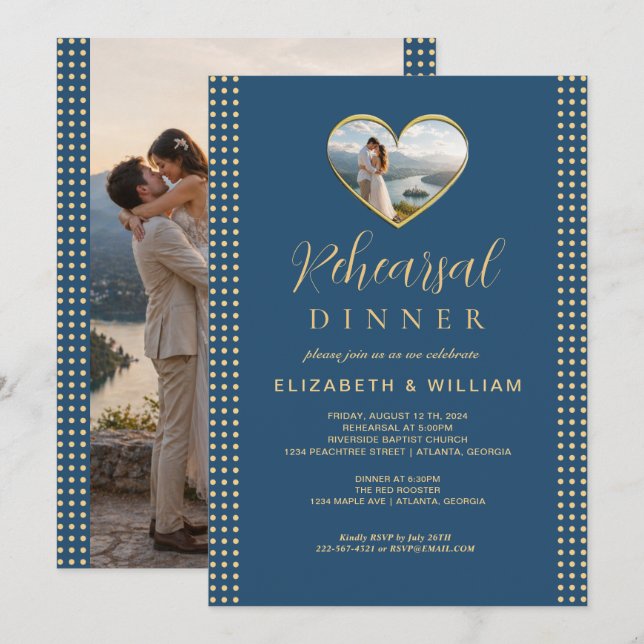 Gold & Blue Polka Dot Personalised wedding Invitation (Front/Back)