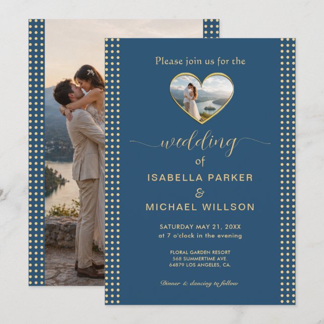 Gold & Blue Polka Dot Personalised wedding Invitation (Front/Back)