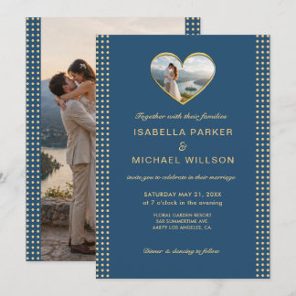 Gold & Blue Polka Dot Personalised wedding Invitation
