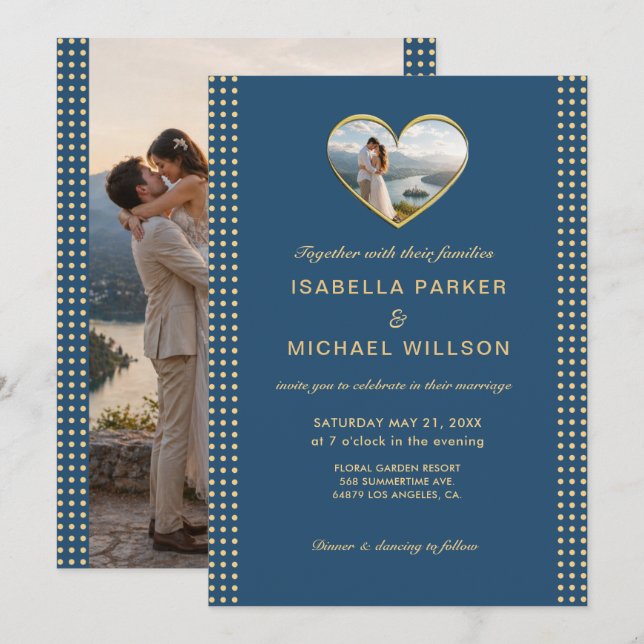 Gold & Blue Polka Dot Personalised wedding Invitation (Front/Back)