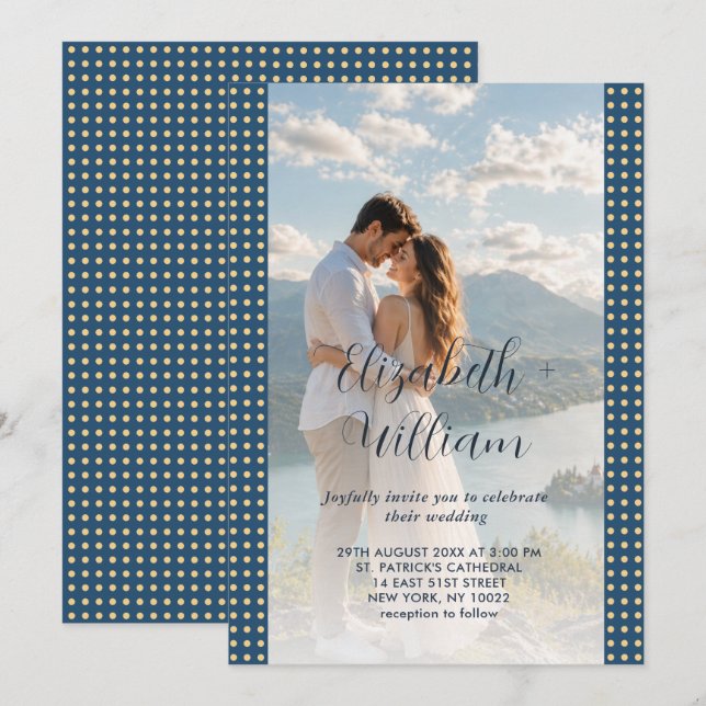 Gold & Blue Polka Dot Personalised wedding Invitation (Front/Back)