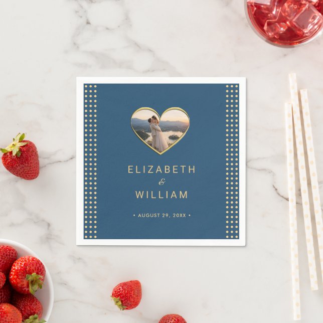 Gold & Blue Polka Dot Personalised wedding Napkin (Insitu)