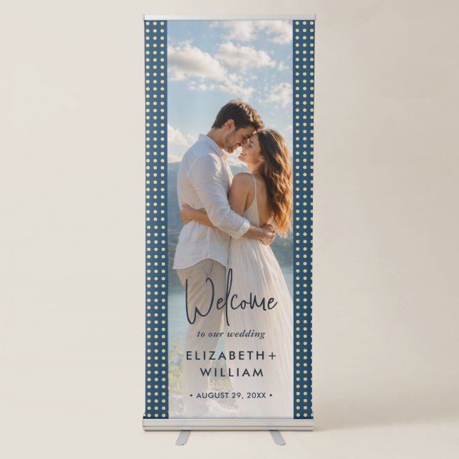 Gold & Blue Polka Dot Personalised wedding Retractable Banner (Front)