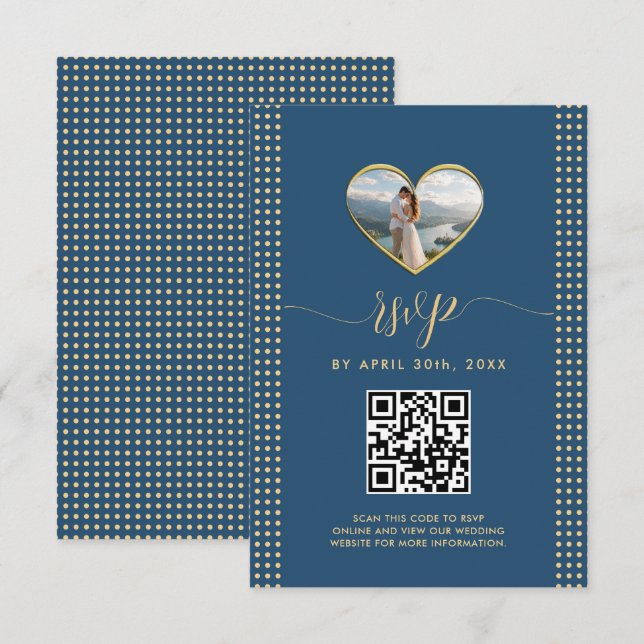 Gold & Blue Polka Dot Personalised wedding RSVP Card (Front/Back)