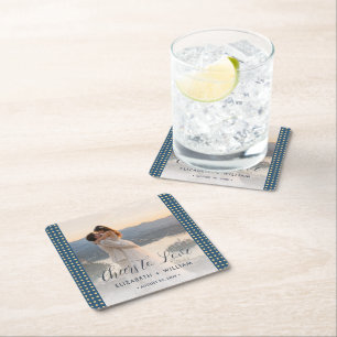 Gold & Blue Polka Dot Personalised wedding Square Paper Coaster