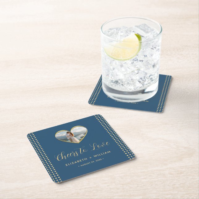 Gold & Blue Polka Dot Personalised wedding Square Paper Coaster (Insitu)