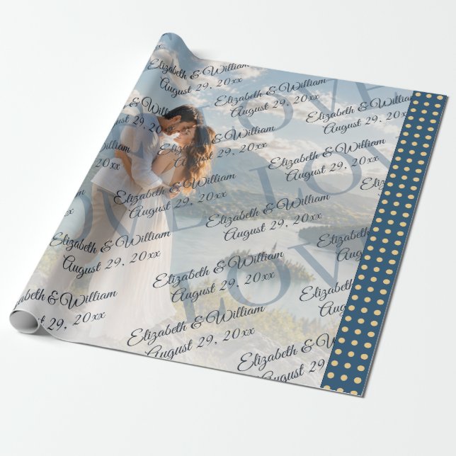 Gold & Blue Polka Dot Personalised wedding Wrapping Paper (Unrolled)
