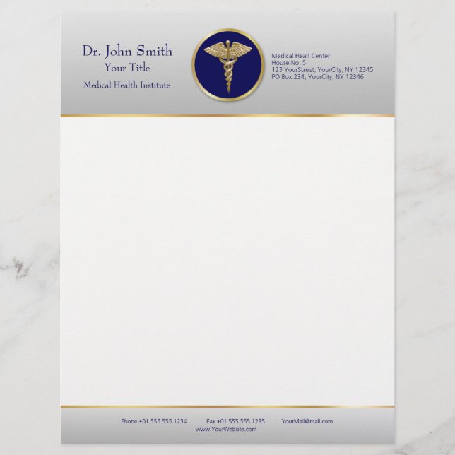 Gold Blue Professional Medical Caduceus Custom Letterhead (Front)