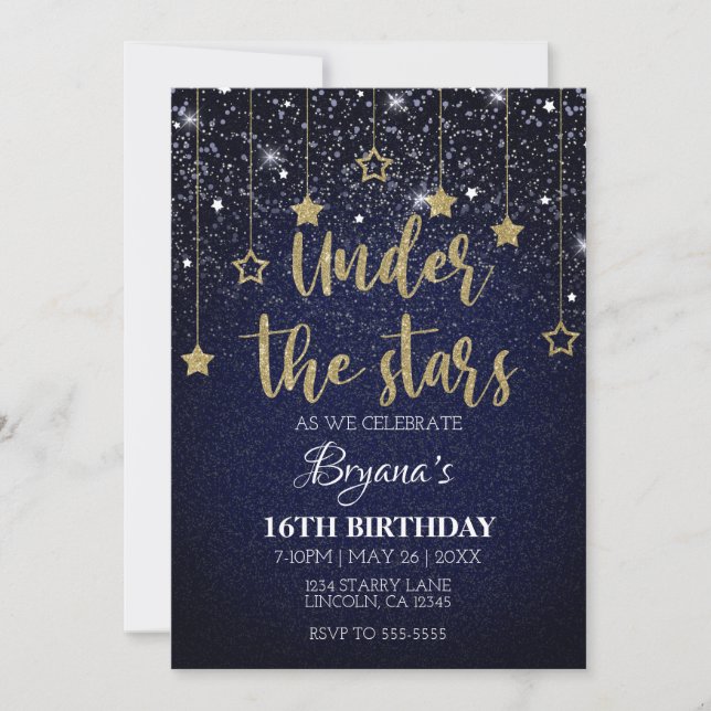 Gold Blue Prom DIY Under Stars Starry Birthday Invitation (Front)