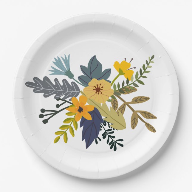 Gold, blue, purple bouquet of summer flowers  paper plate (Front)