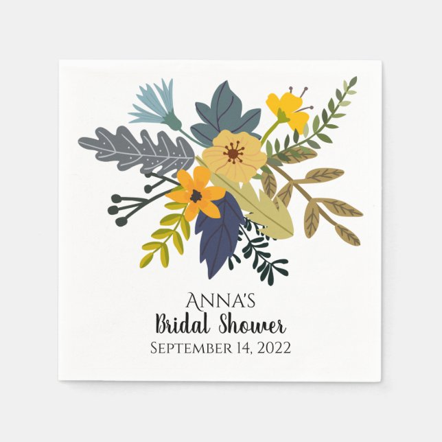 Gold, blue, purple bouquet of summer flowers party napkin (Front)
