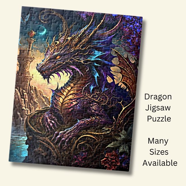 Gold Blue Purple Dragon With Tower Jigsaw Puzzle (Creator Uploaded)